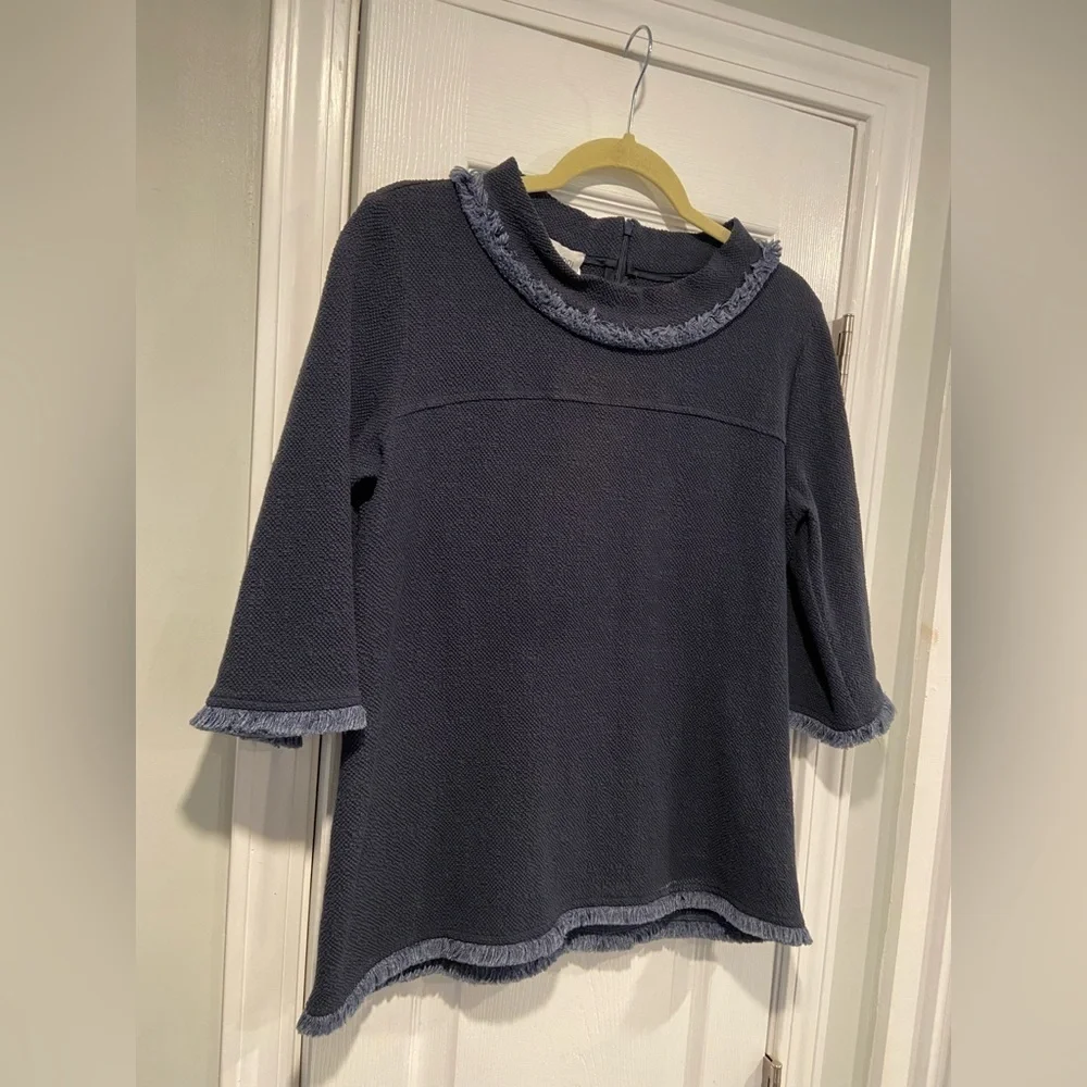 Sara Campbell Size M Navy Fringe Knit Top Made in USA Coastal Boucle Classic - Picture 5 of 11